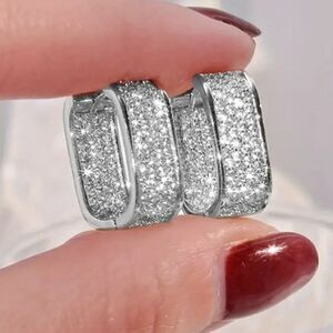 New Silver Cluster Pave Simulated Diamond Oblong Mod Huggie Hoop Earrings